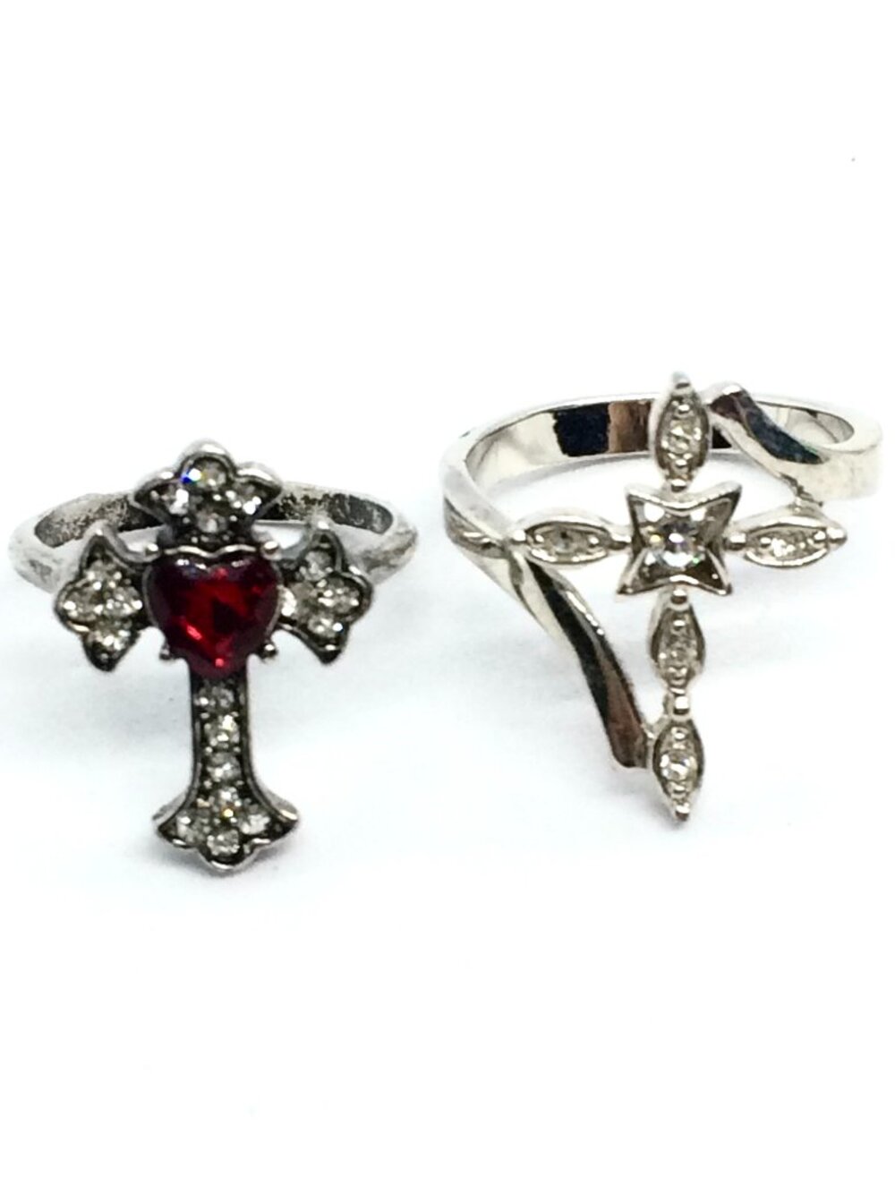 VINTAGE CROSS RINGS Lot Of 2 Rhinestone Gothic Whimsigoth Red Heart Silver Tone